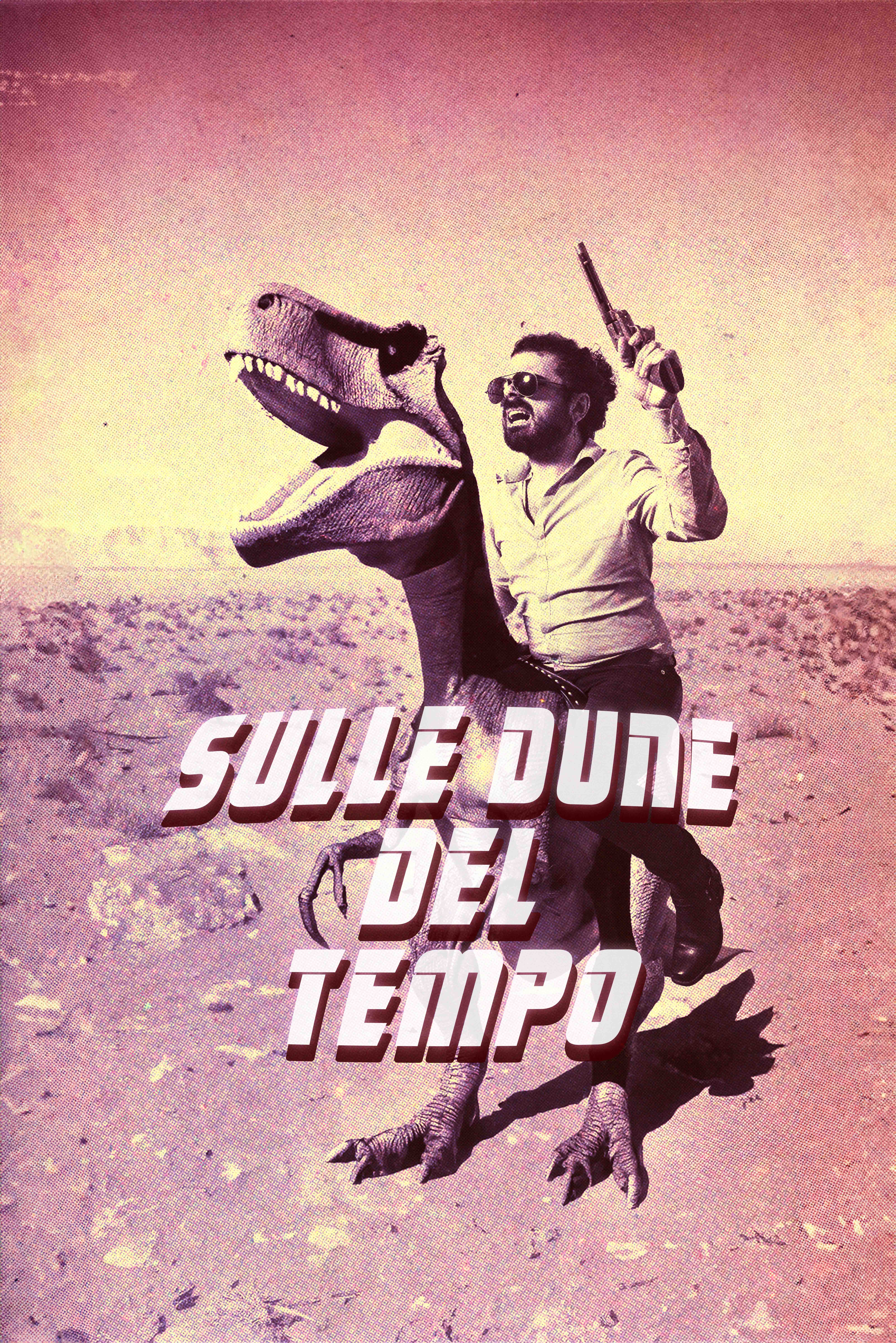 Portrait absurde d’un homme armé d’un colt, chevauchant un T-Rex dans un désert, comme une affiche de western italien comique et imaginaire.